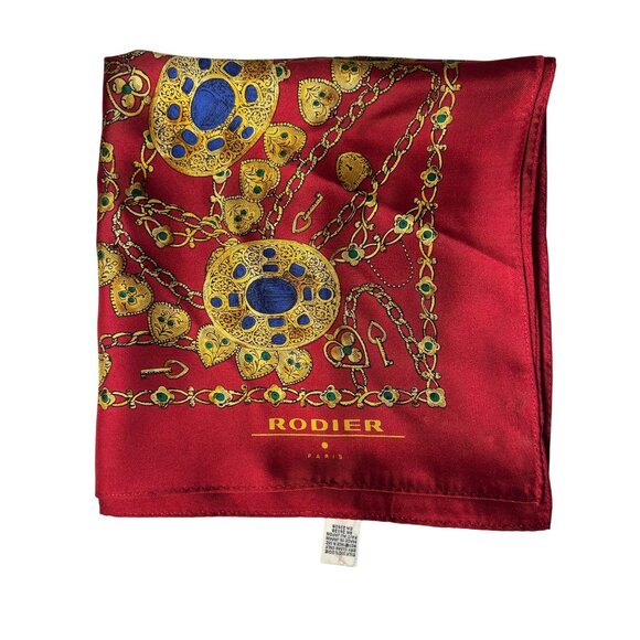 Rodier Paris Red 100% Silk Scarf With Elegant Gold & Blue Jewelry Pattern - Picture 1 of 10